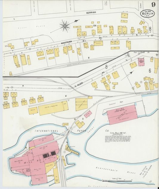 Sanborn Fire Insurance Map from Berlin, Coos County, New Hampshire (1905), Sheet #0009 - Historic Sanborn Fire Insurance Map Print, vintage old map wall art, antique decor, genealogy gift, New Hampshire New Hampshire map