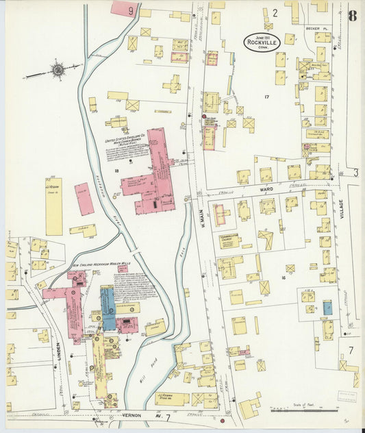 Sanborn Fire Insurance Map from Rockville, Tolland County, Connecticut (1911), Sheet #0008 - Historic Sanborn Fire Insurance Map Print, vintage old map wall art, antique decor, genealogy gift, Connecticut Connecticut map