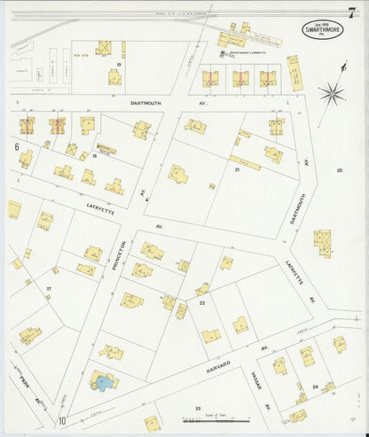 Sanborn Fire Insurance Map from Swarthmore, Delaware County, Pennsylvania (1909), Sheet #0007 - Historic Sanborn Fire Insurance Map Print, vintage old map wall art, antique decor, genealogy gift, Pennsylvania Pennsylvania map