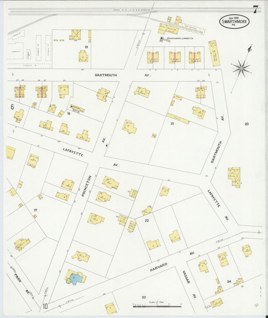 Sanborn Fire Insurance Map from Swarthmore, Delaware County, Pennsylvania (1909), Sheet #0007 - Historic Sanborn Fire Insurance Map Print, vintage old map wall art, antique decor, genealogy gift, Pennsylvania Pennsylvania map