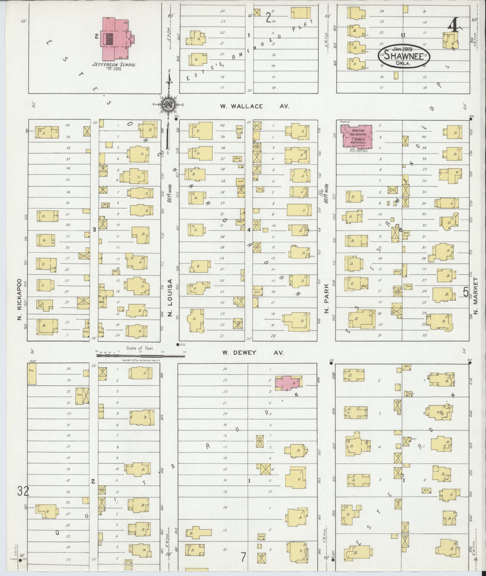 Sanborn Fire Insurance Map from Shawnee, Pottawatomie County, Oklahoma (1919), Sheet #0004 - Complete Map Set gallery image, historic Sanborn map, vintage wall art, Oklahoma Oklahoma