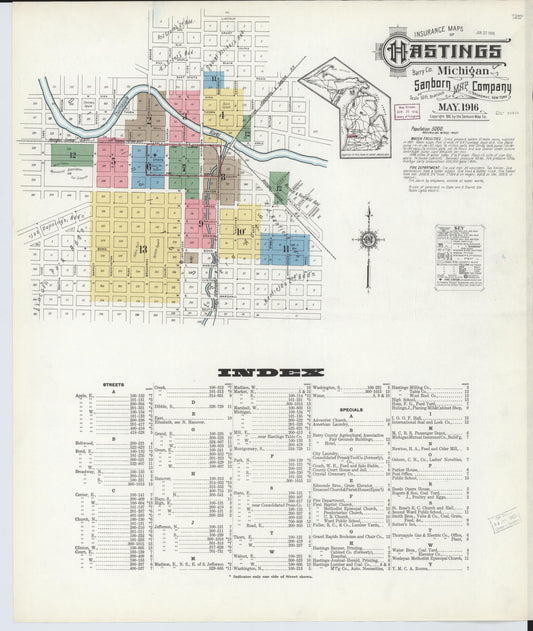 Sanborn Fire Insurance Map from Hastings, Barry County, Michigan (1916), Sheet #0001 - Historic Sanborn Fire Insurance Map Print, vintage old map wall art, antique decor, genealogy gift, Michigan Michigan map