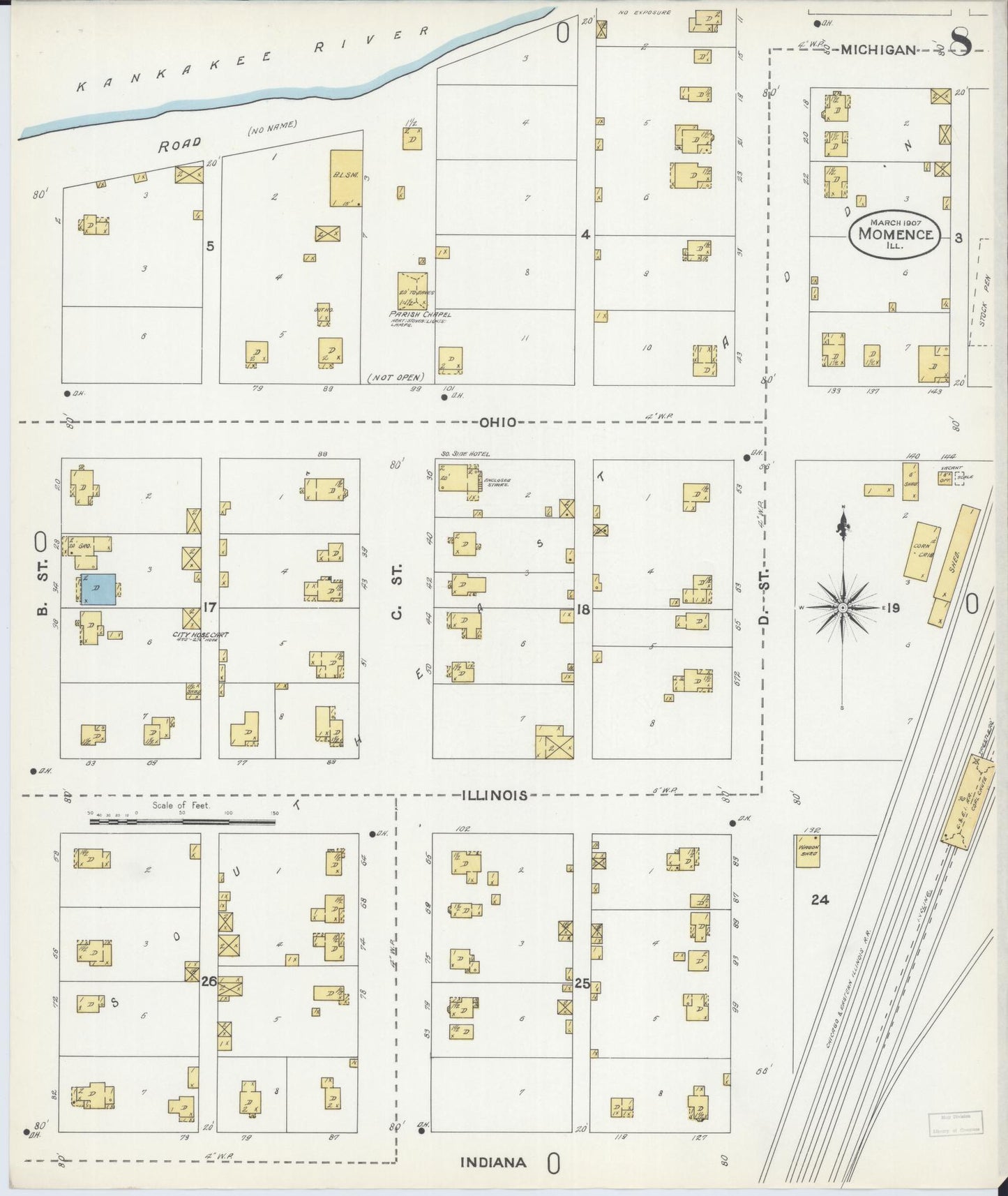 Sanborn Fire Insurance Map from Momence, Kankakee County, Illinois (1907), Sheet #0008 - Complete Map Set gallery image, historic Sanborn map, vintage wall art, Illinois Illinois
