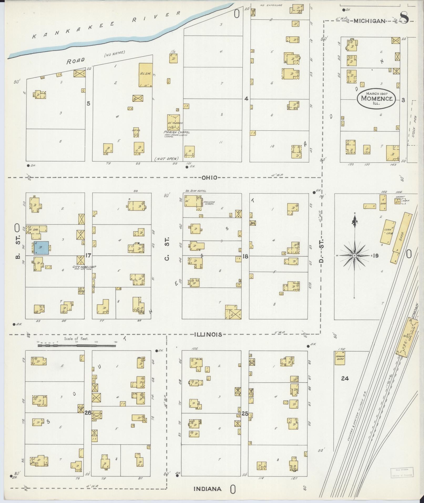 Sanborn Fire Insurance Map from Momence, Kankakee County, Illinois (1907), Sheet #0008 - Complete Map Set gallery image, historic Sanborn map, vintage wall art, Illinois Illinois