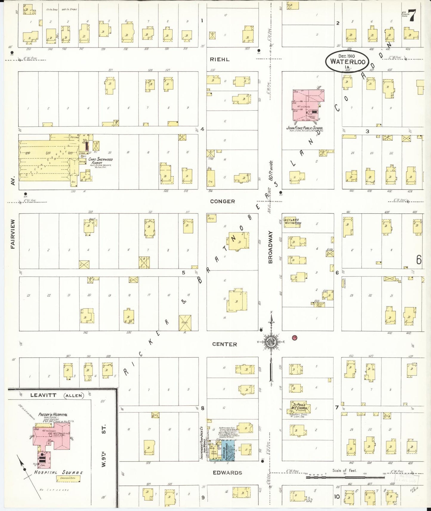 Sanborn Fire Insurance Map from Waterloo, Black Hawk County, Iowa (1910), Sheet #0007 - Historic Sanborn Fire Insurance Map Print, vintage old map wall art