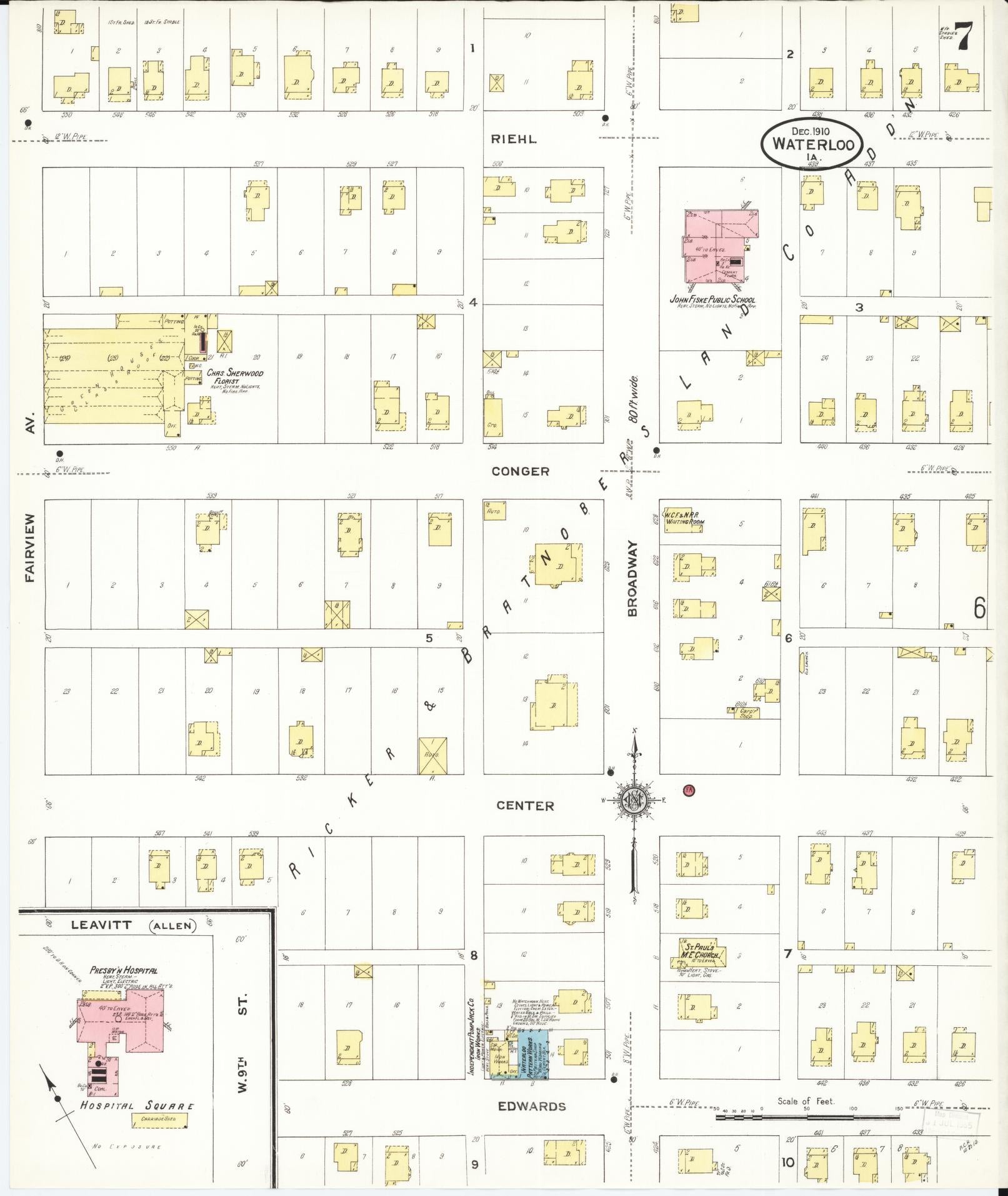 Sanborn Fire Insurance Map from Waterloo, Black Hawk County, Iowa (1910), Sheet #0007 - Historic Sanborn Fire Insurance Map Print, vintage old map wall art