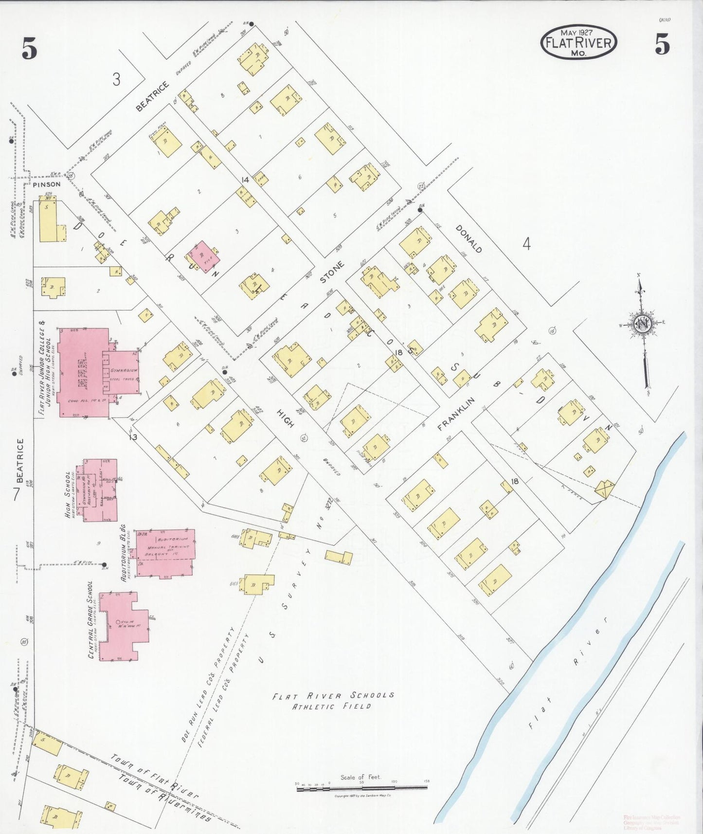 Sanborn Fire Insurance Map from Flat River, Saint Francois County, Missouri (1927), Sheet #0005 - Historic Sanborn Fire Insurance Map Print, vintage old map wall art, antique decor, genealogy gift, Missouri Missouri map