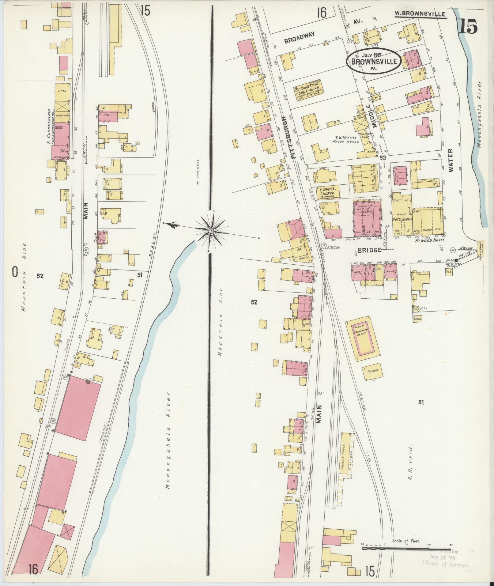 Sanborn Fire Insurance Map from Brownsville, Fayette County, Pennsylvania (1907), Sheet #0015 - Historic Sanborn Fire Insurance Map Print, vintage old map wall art, antique decor, genealogy gift, Pennsylvania Pennsylvania map