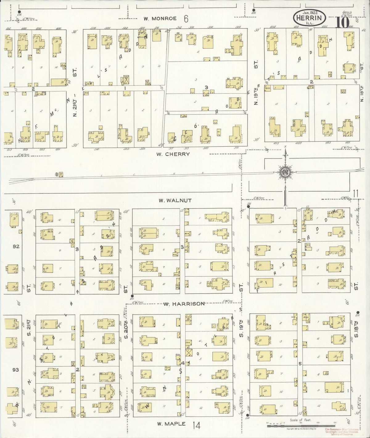 Sanborn Fire Insurance Map from Herrin, Williamson County, Illinois (1922), Sheet #0010 - Complete Map Set gallery image, historic Sanborn map, vintage wall art, Illinois Illinois