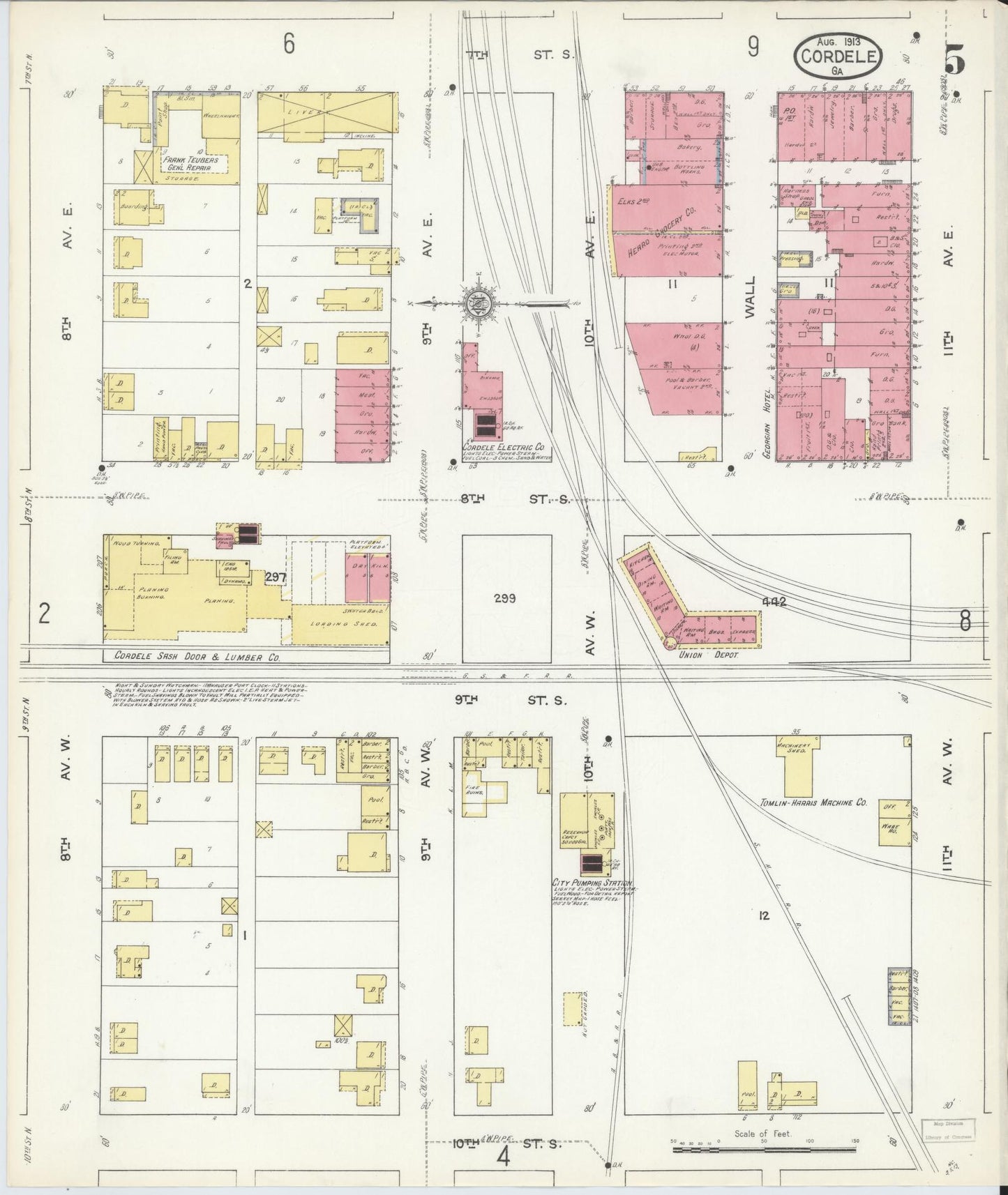 Sanborn Fire Insurance Map from Cordele, Crisp County, Georgia (1913), Sheet #0005 - Historic Sanborn Fire Insurance Map Print, vintage old map wall art, antique decor, genealogy gift, Georgia Georgia map