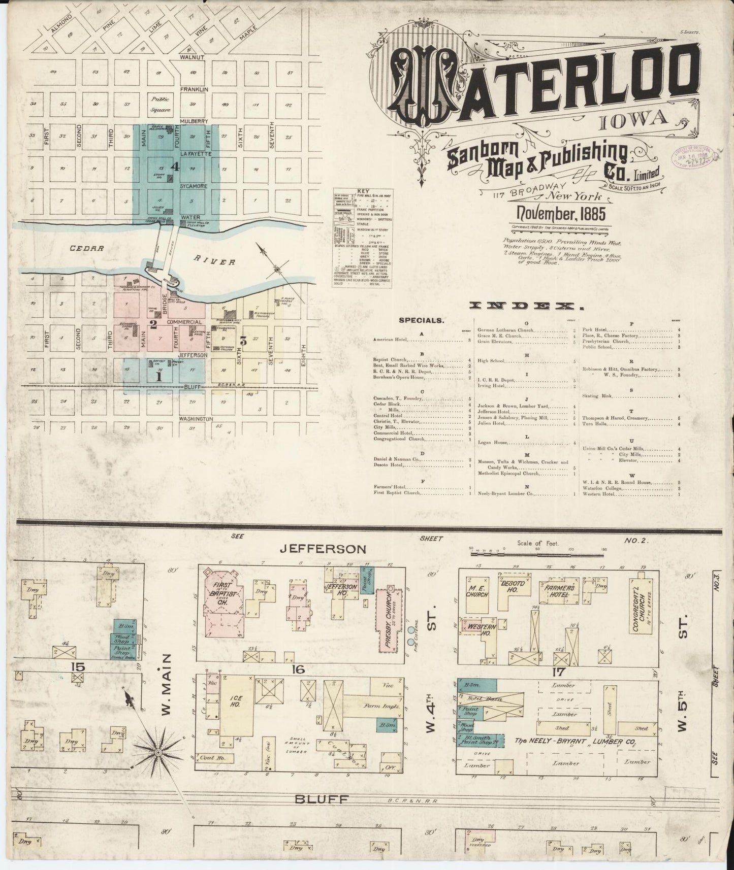 Sanborn Fire Insurance Map from Waterloo, Black Hawk County, Iowa (1885), Sheet #0001 - Historic Sanborn Fire Insurance Map Print