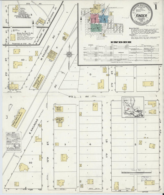 Sanborn Fire Insurance Map from Kinder, Allen Parish, Louisiana (1921), Sheet #0001 - Complete Map Set gallery image, historic Sanborn map, vintage wall art, Louisiana Louisiana