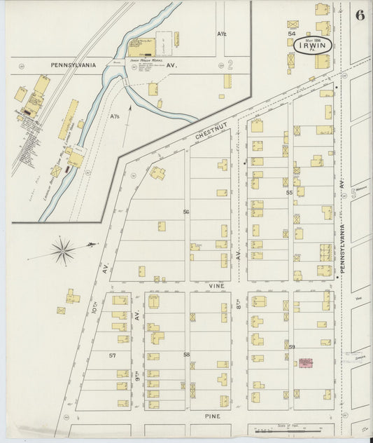 Sanborn Fire Insurance Map from Irwin, Westmoreland County, Pennsylvania (1894), Sheet #0006 - Historic Sanborn Fire Insurance Map Print, vintage old map wall art, antique decor, genealogy gift, Pennsylvania Pennsylvania map