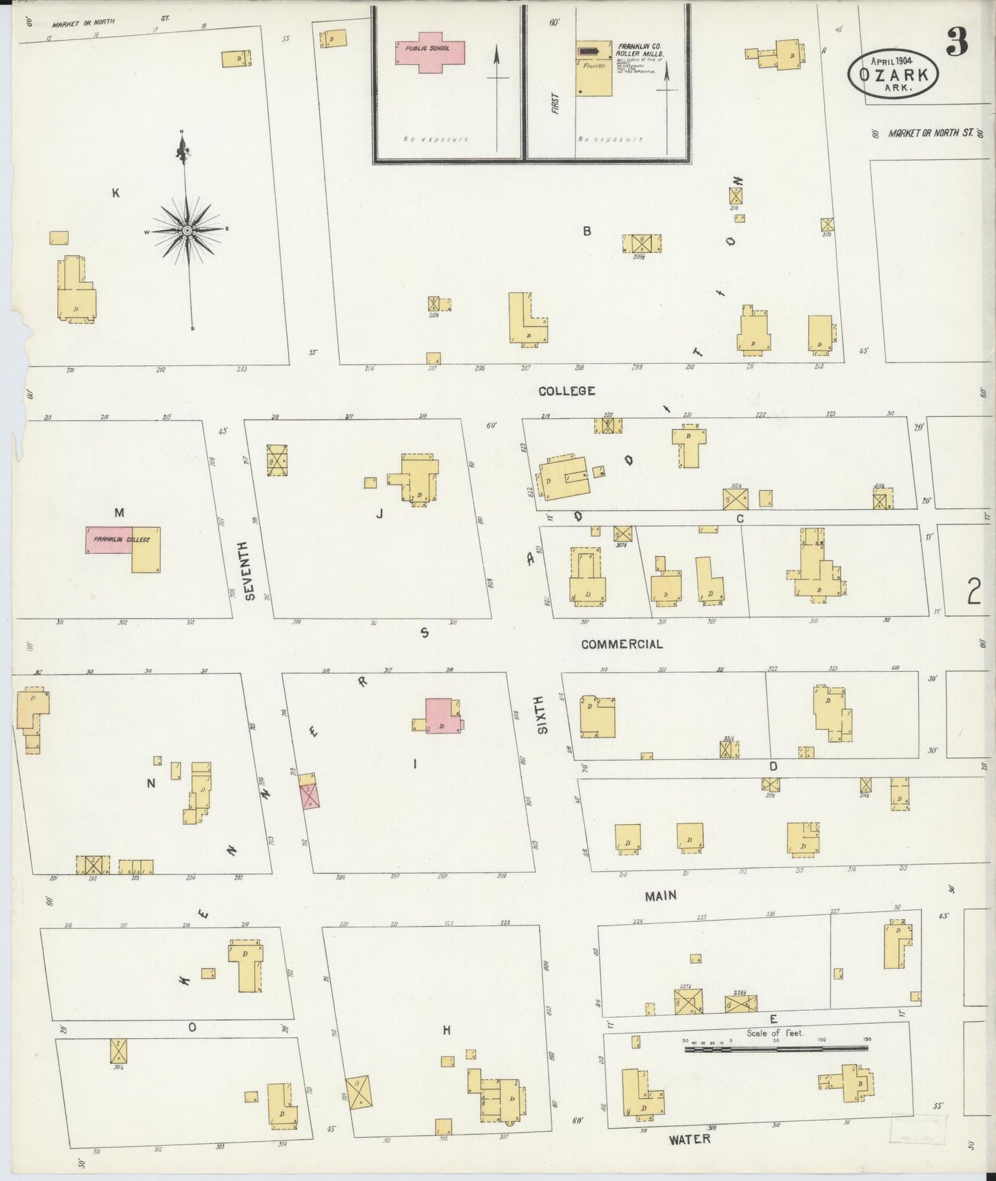 Sanborn Fire Insurance Map from Ozark, Franklin County, Arkansas (1904), Sheet #0003 - Complete Map Set gallery image, historic Sanborn map, vintage wall art, Arkansas Arkansas