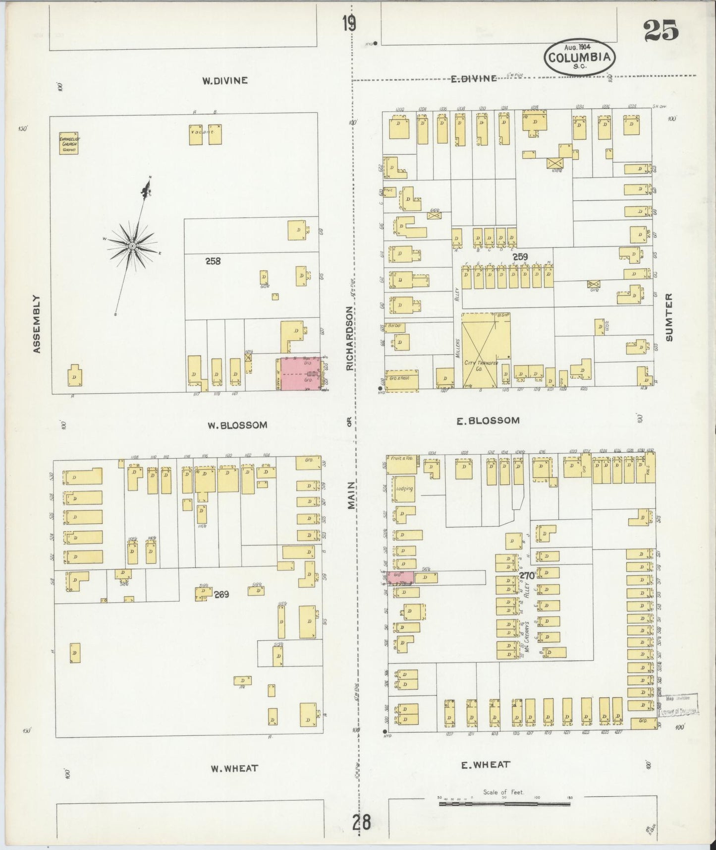 Sanborn Fire Insurance Map from Columbia, Richland County, South Carolina (1904), Sheet #0025 - Complete Map Set gallery image, historic Sanborn map, vintage wall art, South Carolina South Carolina