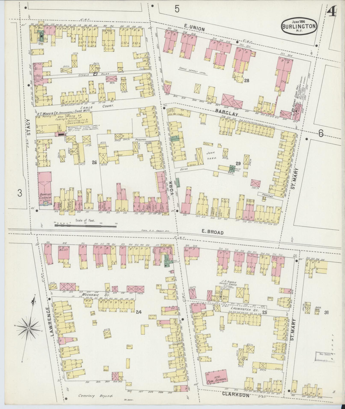 Sanborn Fire Insurance Map from Burlington, Burlington County, New Jersey (1896), Sheet #0004 - Complete Map Set gallery image, historic Sanborn map, vintage wall art, New Jersey New Jersey