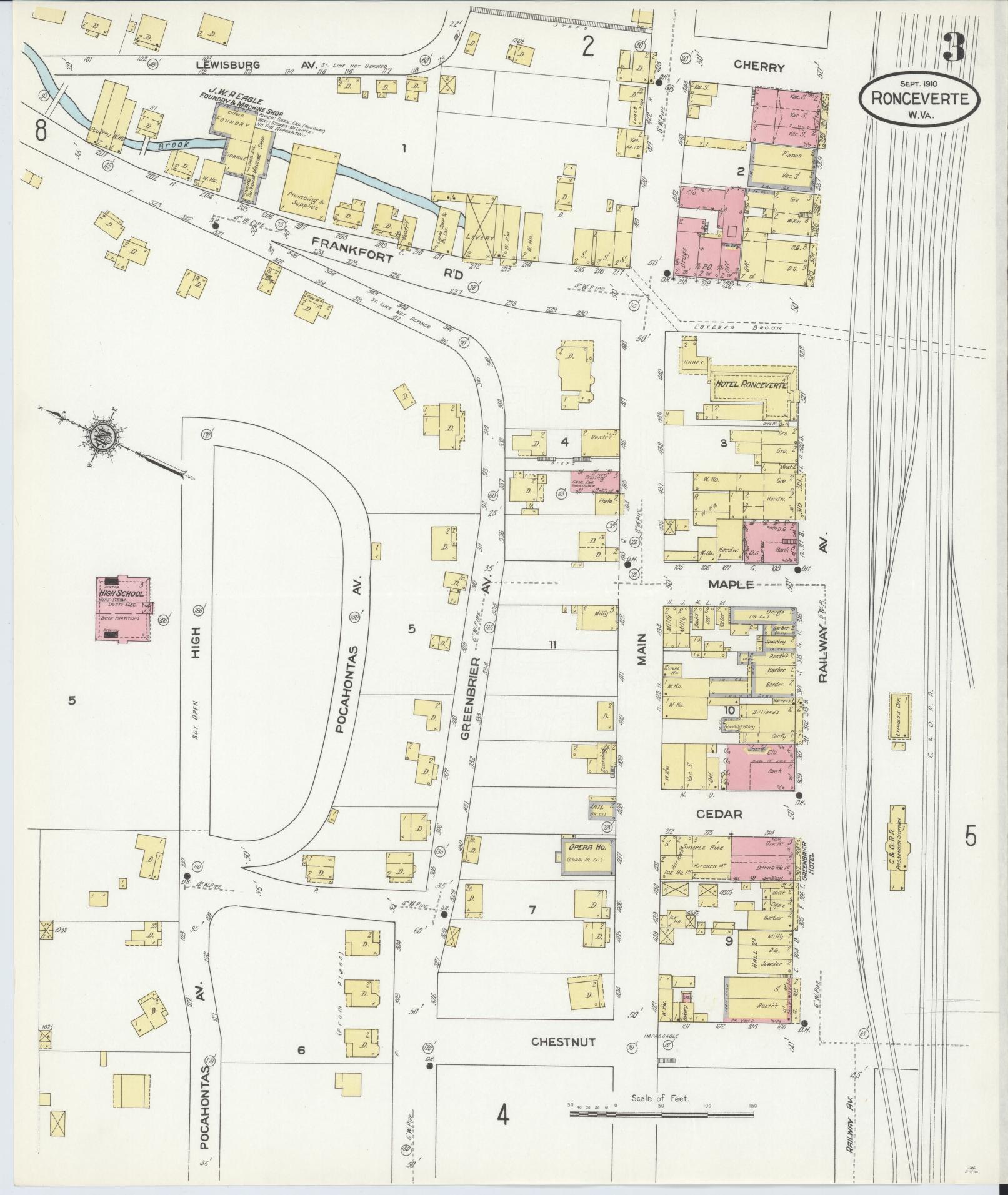 Sanborn Fire Insurance Map from Ronceverte, Greenbrier County, West Virginia (1910), Sheet #0003 - Complete Map Set gallery image, historic Sanborn map, vintage wall art, West Virginia West Virginia