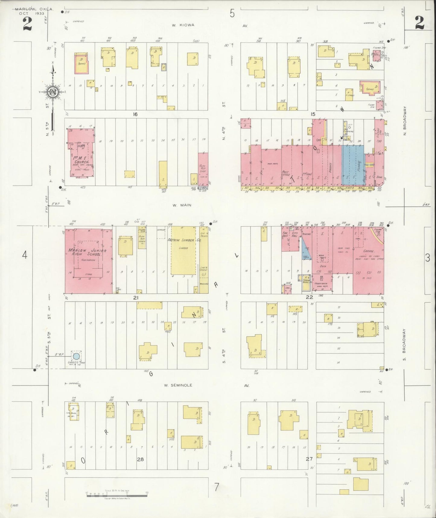 Sanborn Fire Insurance Map from Marlow, Stephens County, Oklahoma (1933), Sheet #0002 - Historic Sanborn Fire Insurance Map Print, vintage old map wall art, antique decor, genealogy gift, Oklahoma Oklahoma map