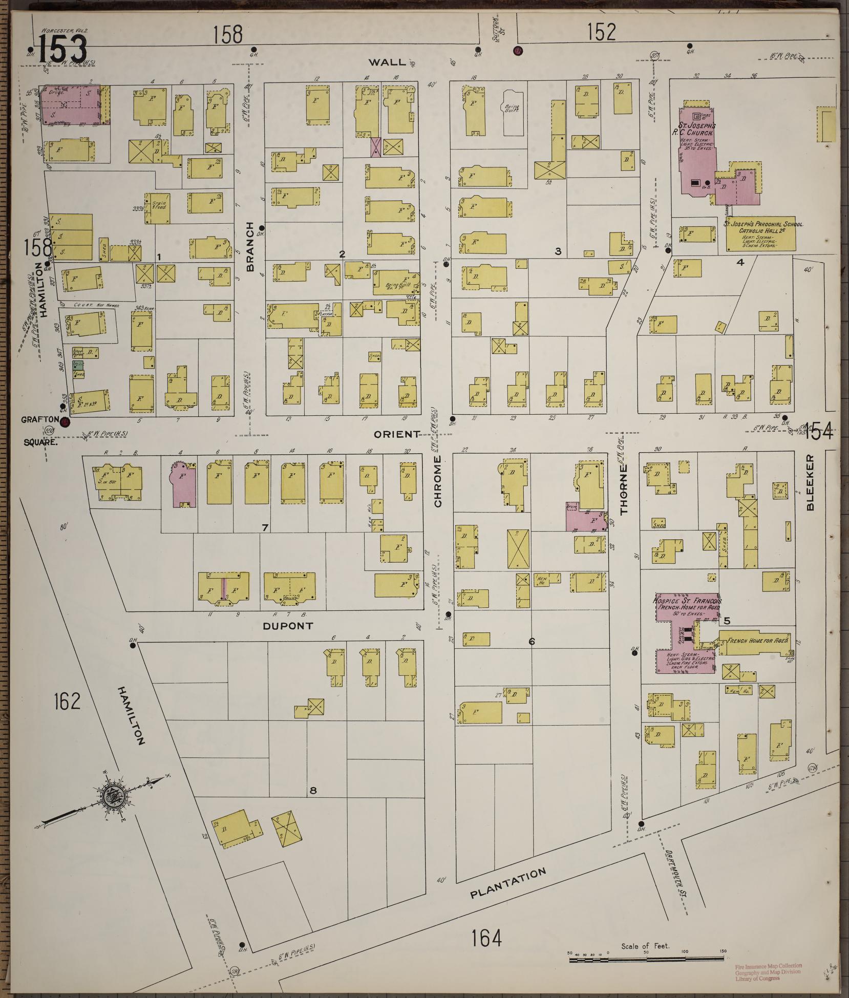Sanborn Fire Insurance Map from Worcester, Worcester County, Massachusetts (1910), Sheet #0153 - Complete Map Set gallery image, historic Sanborn map, vintage wall art, Massachusetts Massachusetts