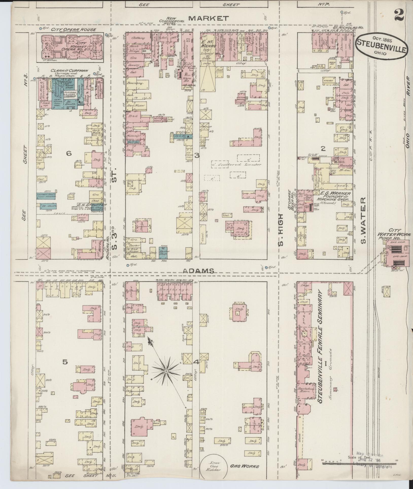 Sanborn Fire Insurance Map from Steubenville, Jefferson County, Ohio (1885), Sheet #0002 - Historic Sanborn Fire Insurance Map Print, vintage old map wall art, antique decor, genealogy gift, Ohio Ohio map