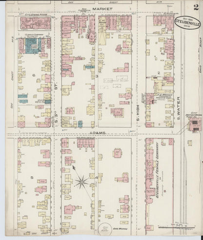 Sanborn Fire Insurance Map from Steubenville, Jefferson County, Ohio (1885), Sheet #0002 - Historic Sanborn Fire Insurance Map Print, vintage old map wall art, antique decor, genealogy gift, Ohio Ohio map