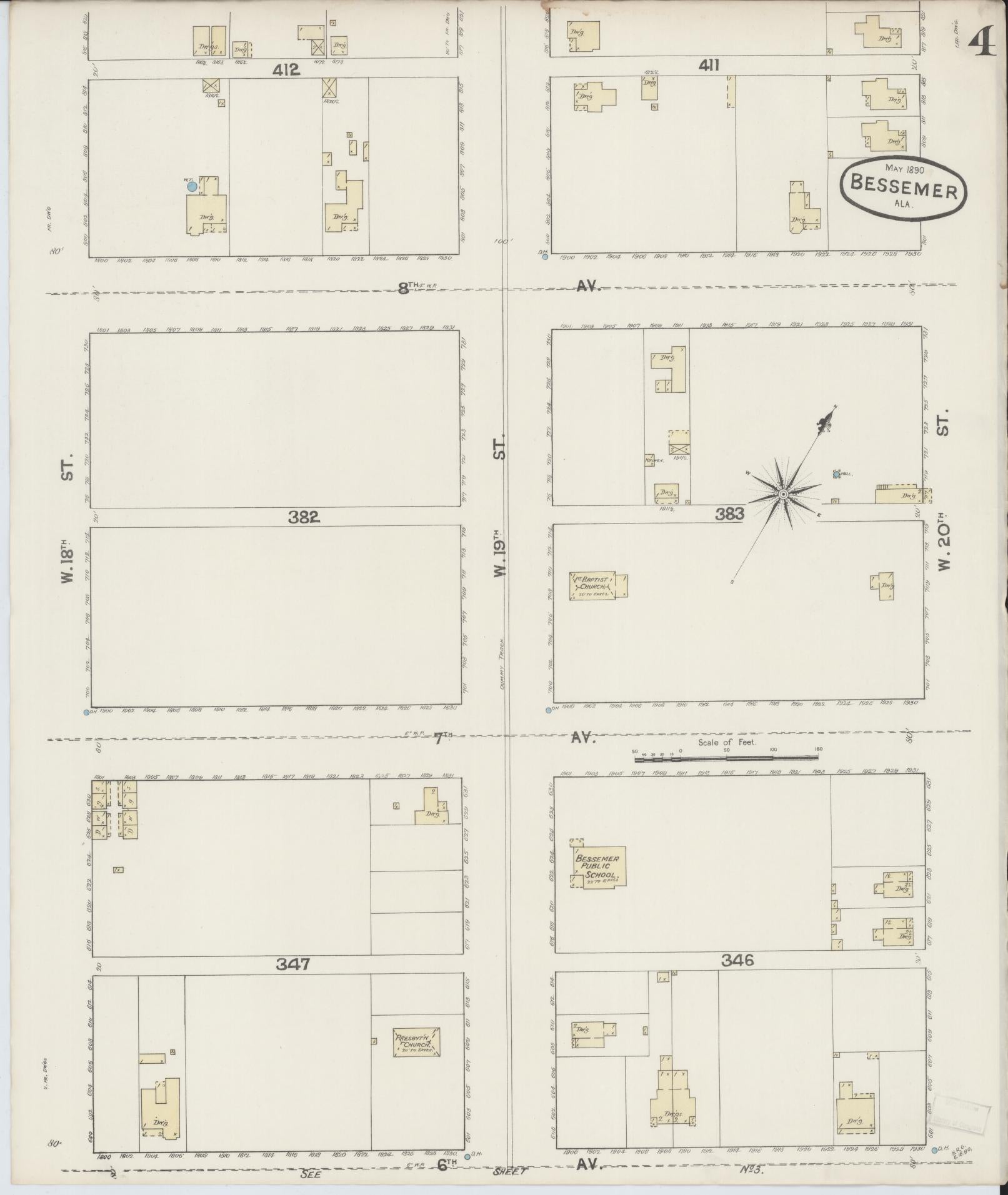 Sanborn Fire Insurance Map from Bessemer, Jefferson County, Alabama (1890), Sheet #0004 - Historic Sanborn Fire Insurance Map Print, vintage old map wall art, antique decor, genealogy gift, Alabama Alabama map