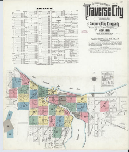 Sanborn Fire Insurance Map from Traverse City, Grand Traverse County, Michigan (1910), Sheet #0001 - Historic Sanborn Fire Insurance Map Print, vintage old map wall art, antique decor, genealogy gift, Michigan Michigan map