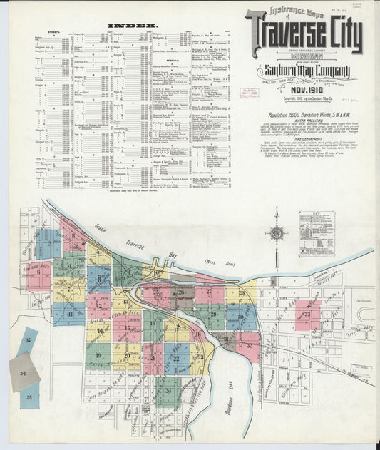 Sanborn Fire Insurance Map from Traverse City, Grand Traverse County, Michigan (1910), Sheet #0001 - Historic Sanborn Fire Insurance Map Print, vintage old map wall art, antique decor, genealogy gift, Michigan Michigan map