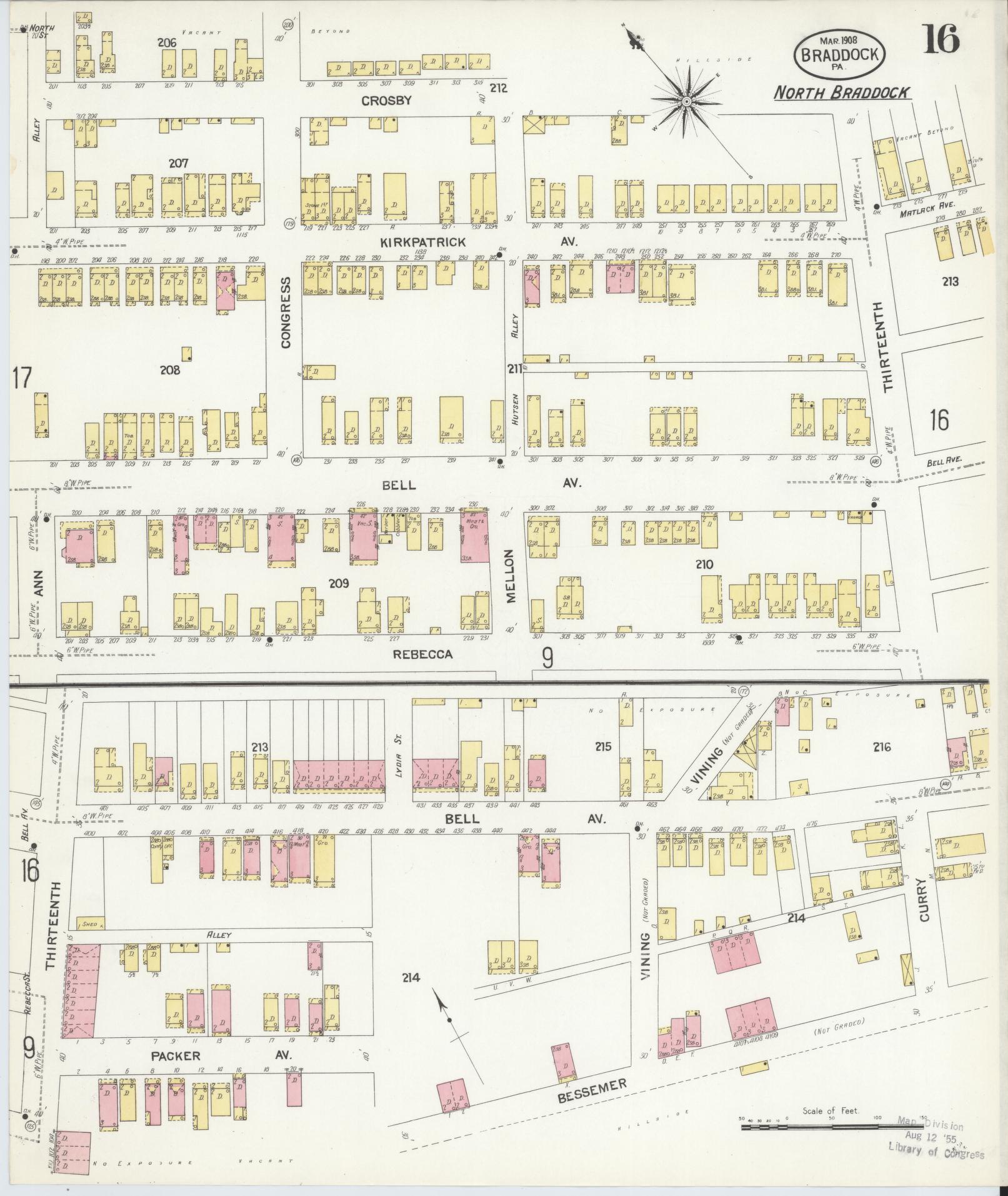 Sanborn Fire Insurance Map from Braddock, Allegheny County, Pennsylvania (1908), Sheet #0016 - Historic Sanborn Fire Insurance Map Print, vintage old map wall art, antique decor, genealogy gift, Pennsylvania Pennsylvania map