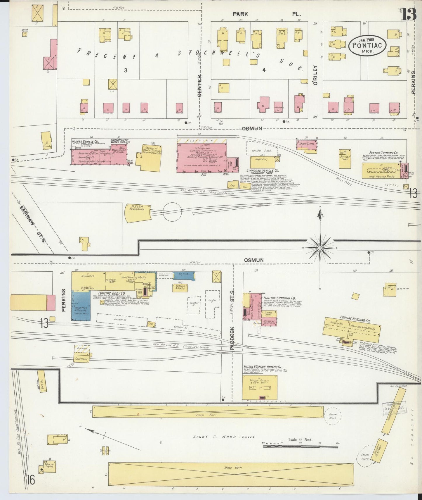 Sanborn Fire Insurance Map from Pontiac, Oakland County, Michigan (1903), Sheet #0013 - Complete Map Set gallery image, historic Sanborn map, vintage wall art, Michigan Michigan