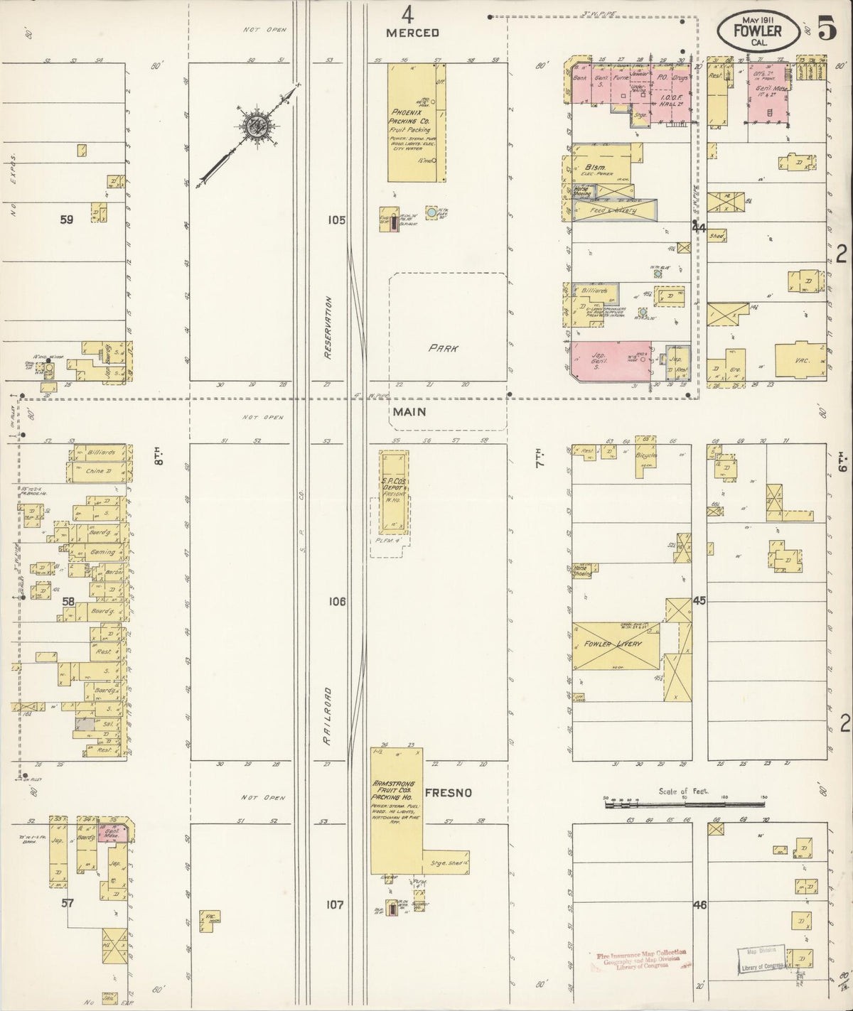 Sanborn Fire Insurance Map from Fowler, Fresno County, California (1911), Sheet #0005 - Complete Map Set gallery image, historic Sanborn map, vintage wall art, California California