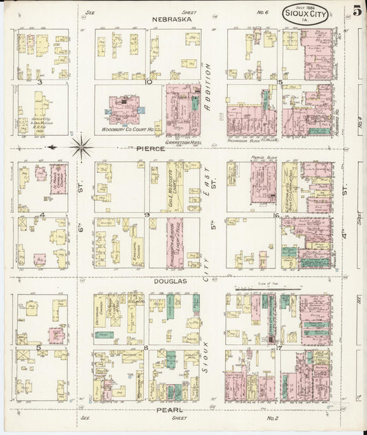 Sanborn Fire Insurance Map from Sioux City, Woodbury County, Iowa (1886), Sheet #0005 - Historic Sanborn Fire Insurance Map Print, vintage old map wall art