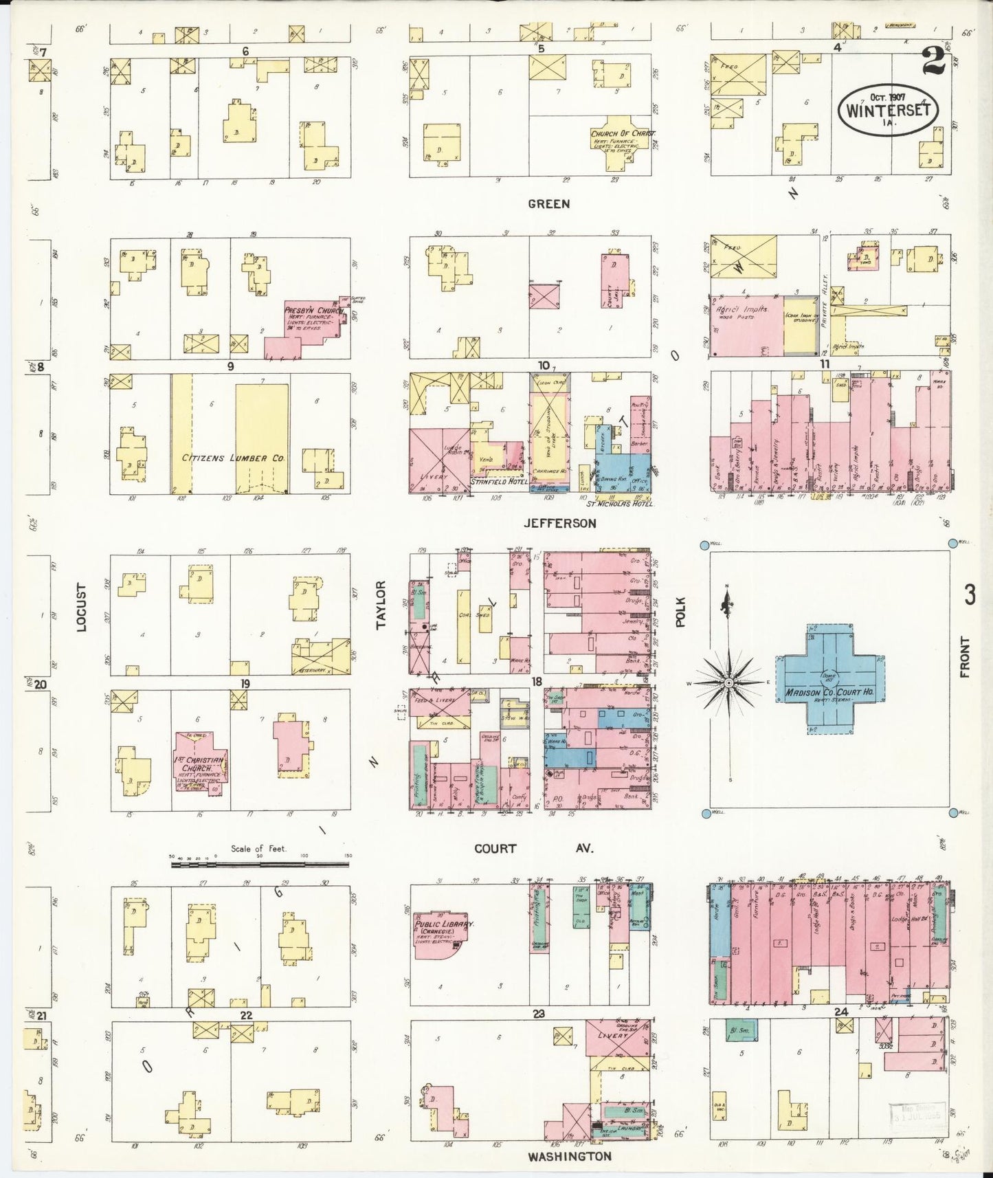 Sanborn Fire Insurance Map from Winterset, Madison County, Iowa (1907), Sheet #0002 - Historic Sanborn Fire Insurance Map Print, vintage old map wall art