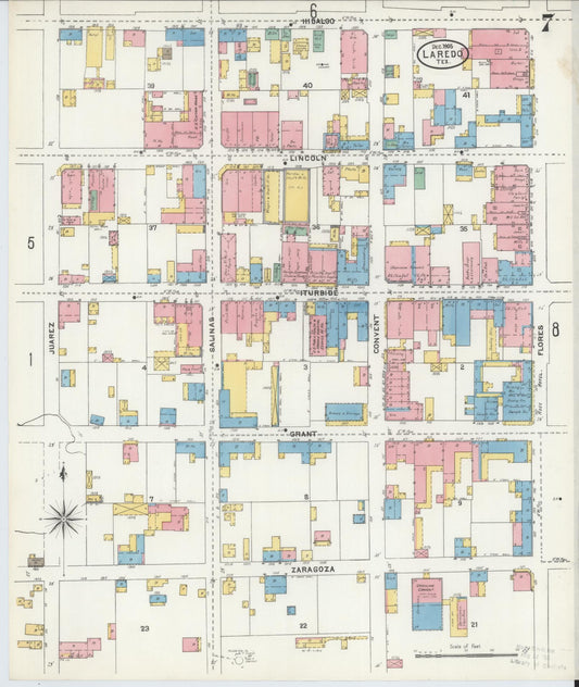 Sanborn Fire Insurance Map from Laredo, Webb County, Texas (1905), Sheet #0007 - Historic Sanborn Fire Insurance Map Print, vintage old map wall art, antique decor, genealogy gift, Texas Texas map