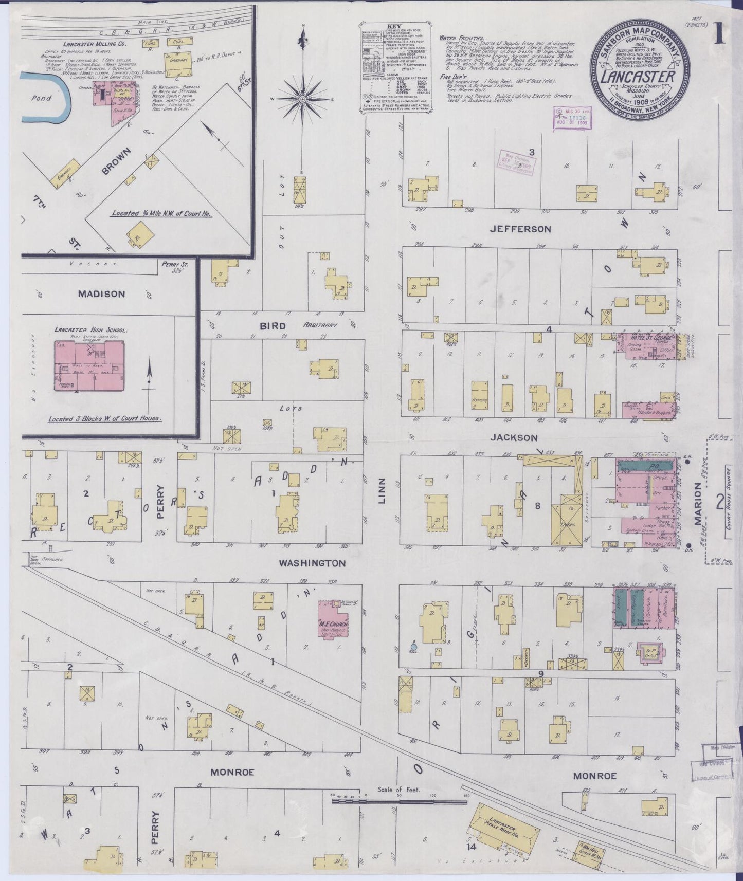 Sanborn Fire Insurance Map from Lancaster, Schuyler County, Missouri (1909), Sheet #0001 - Historic Sanborn Fire Insurance Map Print, vintage old map wall art, antique decor, genealogy gift, Missouri Missouri map