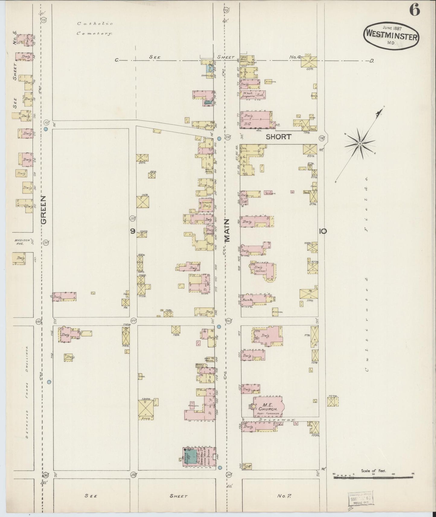 Sanborn Fire Insurance Map from Westminster, Carroll County, Maryland (1887), Sheet #0006 - Historic Sanborn Fire Insurance Map Print, vintage old map wall art, antique decor, genealogy gift, Maryland Maryland map