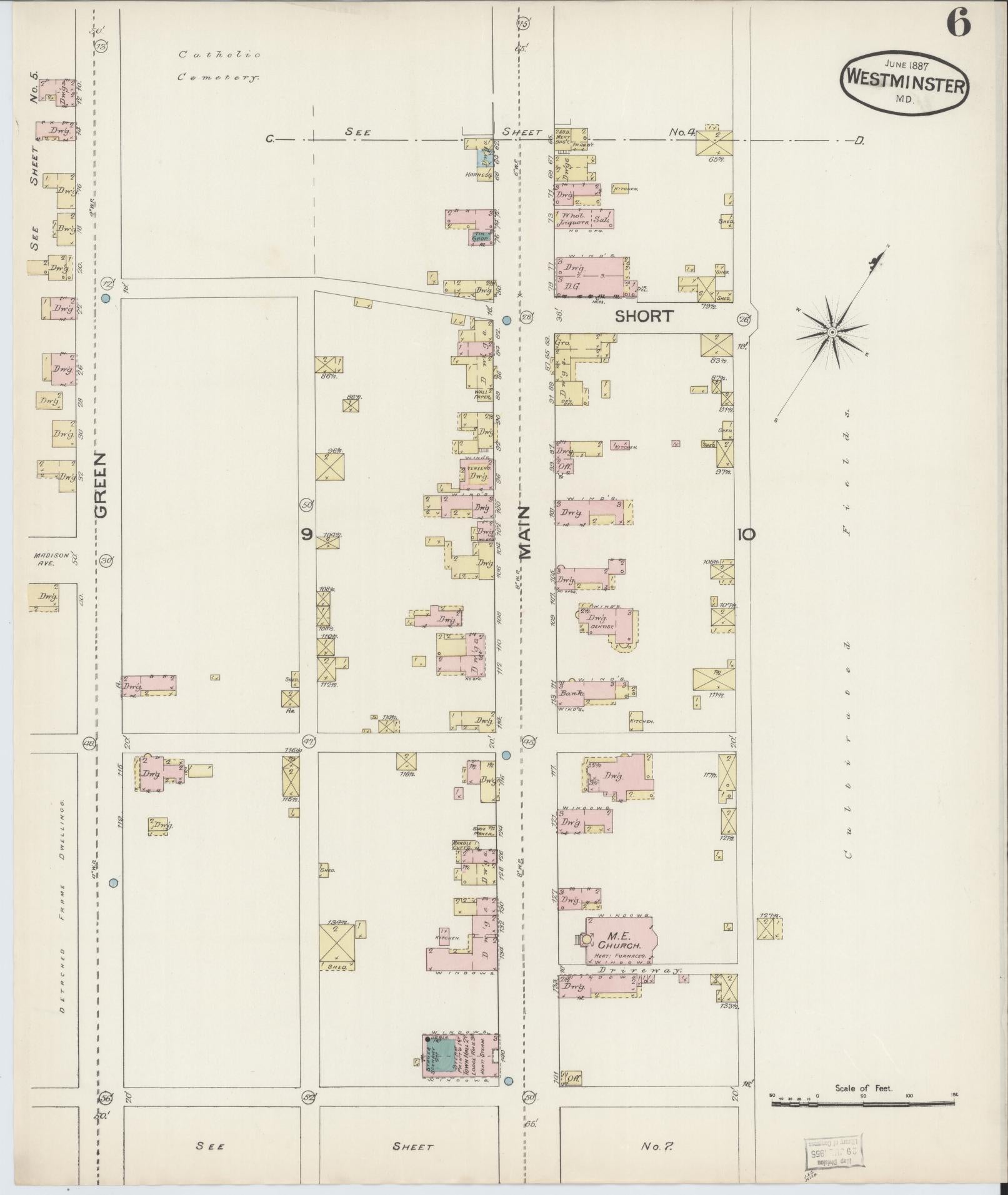 Sanborn Fire Insurance Map from Westminster, Carroll County, Maryland (1887), Sheet #0006 - Historic Sanborn Fire Insurance Map Print, vintage old map wall art, antique decor, genealogy gift, Maryland Maryland map