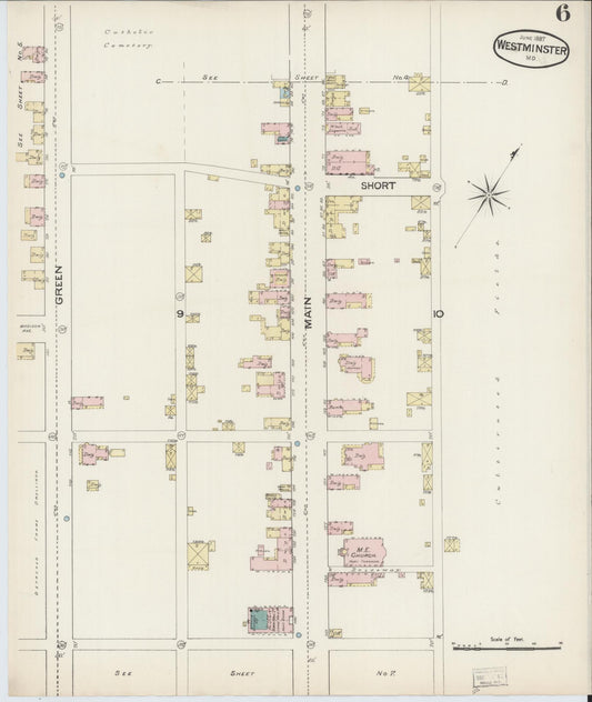 Sanborn Fire Insurance Map from Westminster, Carroll County, Maryland (1887), Sheet #0006 - Historic Sanborn Fire Insurance Map Print, vintage old map wall art, antique decor, genealogy gift, Maryland Maryland map