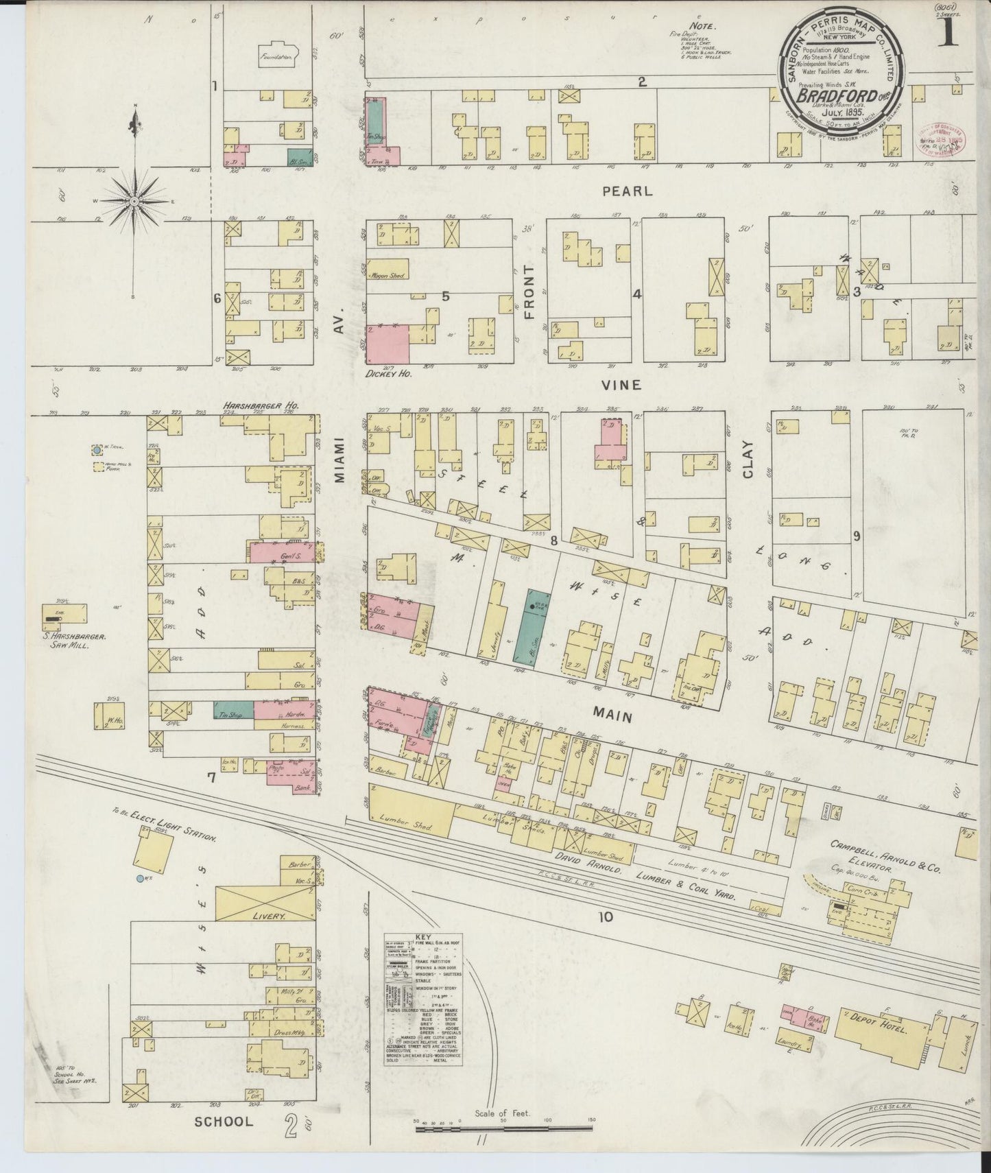 Sanborn Fire Insurance Map from Bradford, Darke and Miami Counties, Ohio (1895), Sheet #0001 - Complete Map Set gallery image, historic Sanborn map, vintage wall art, Ohio Ohio