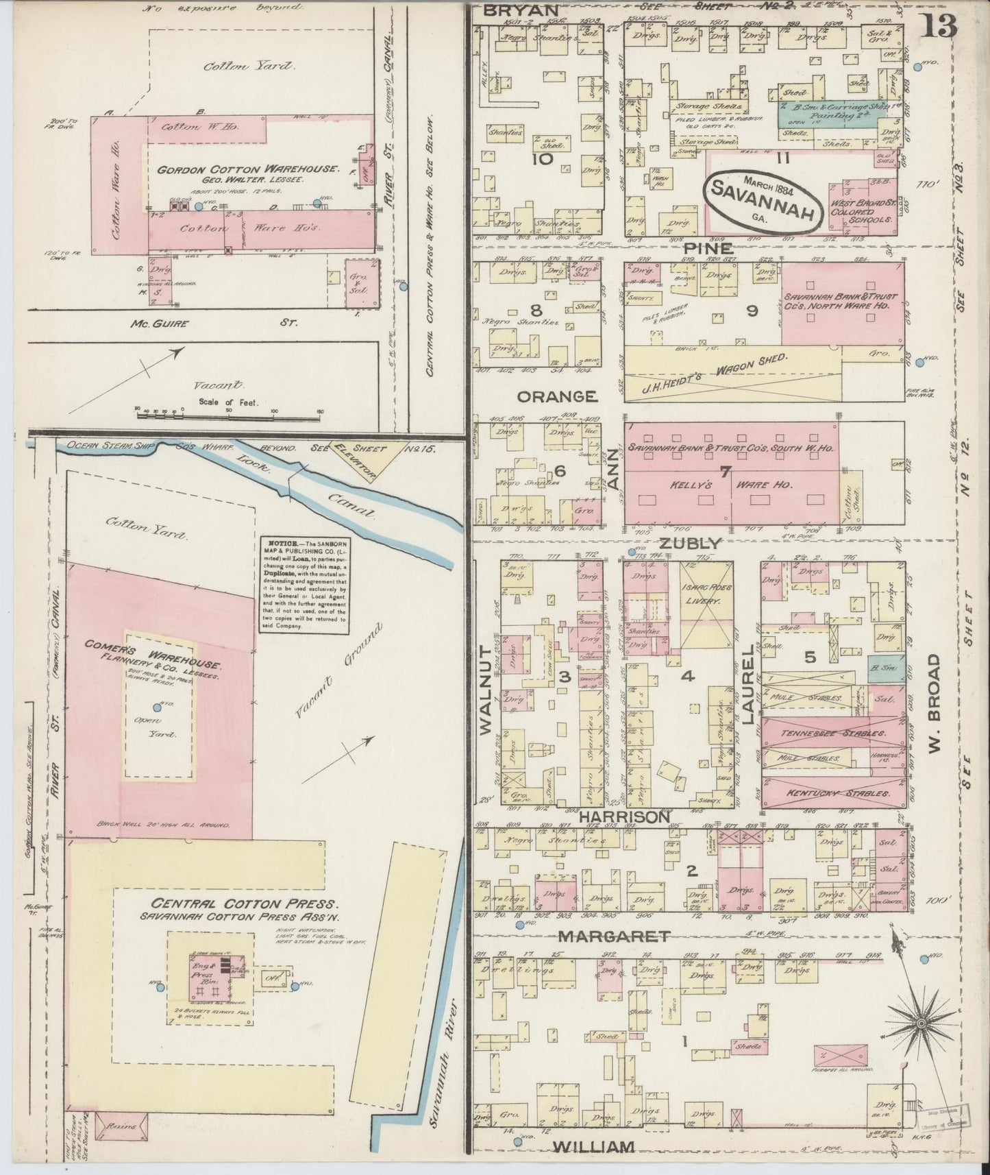 Sanborn Fire Insurance Map from Savannah, Chatham County, Georgia (1884), Sheet #0013 - Historic Sanborn Fire Insurance Map Print, vintage old map wall art, antique decor, genealogy gift, Georgia Georgia map