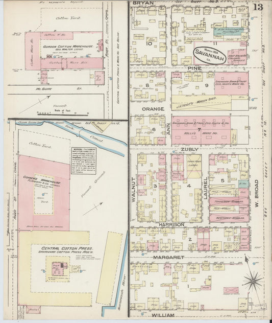 Sanborn Fire Insurance Map from Savannah, Chatham County, Georgia (1884), Sheet #0013 - Historic Sanborn Fire Insurance Map Print, vintage old map wall art, antique decor, genealogy gift, Georgia Georgia map