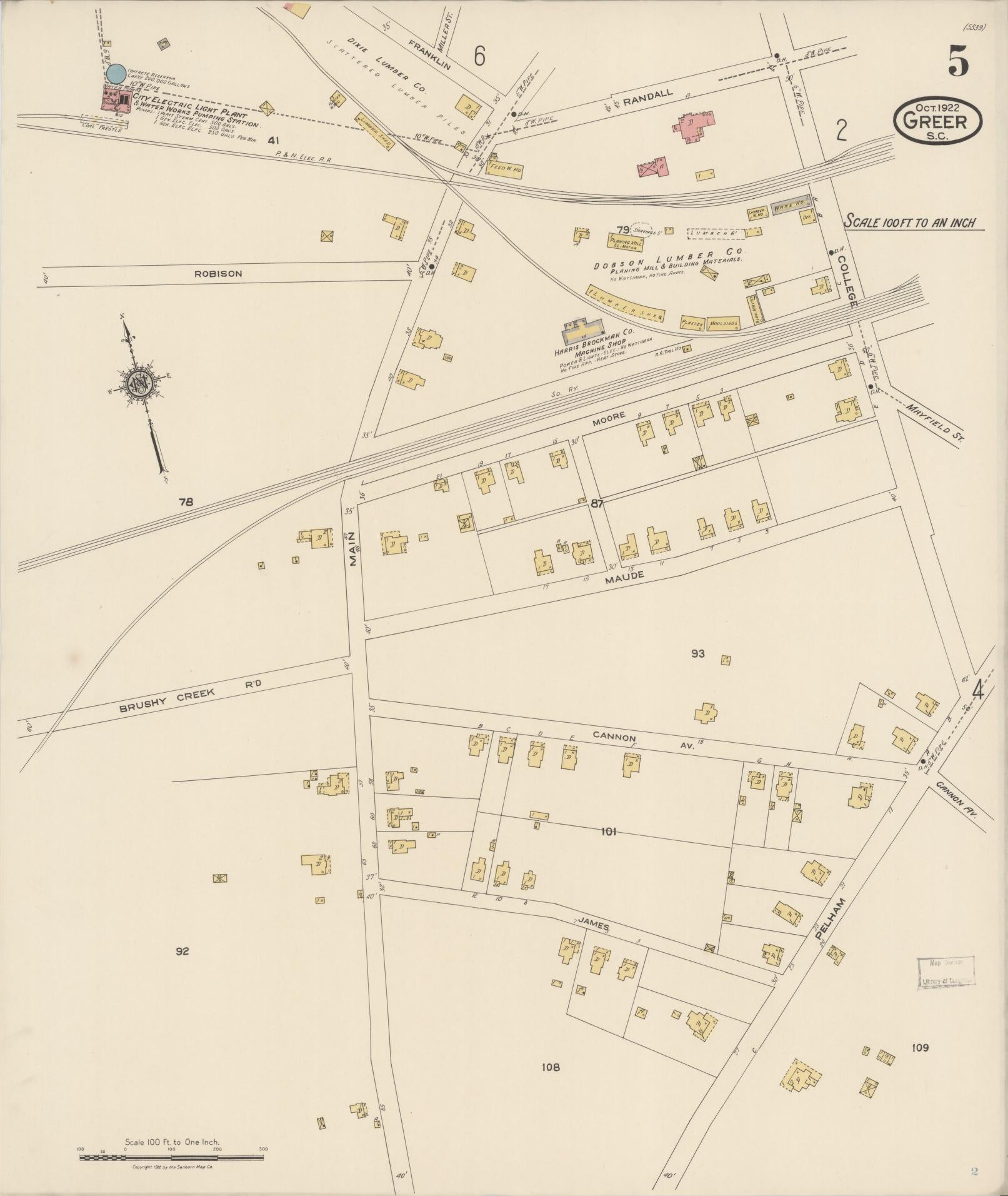 Sanborn Fire Insurance Map from Greer, Greenville and Spartanburg Counties, South Carolina (1922), Sheet #0005 - Historic Sanborn Fire Insurance Map Print, vintage old map wall art, antique decor, genealogy gift, South Carolina South Carolina map