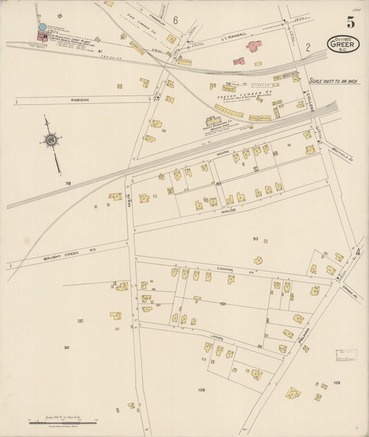 Sanborn Fire Insurance Map from Greer, Greenville and Spartanburg Counties, South Carolina (1922), Sheet #0005 - Historic Sanborn Fire Insurance Map Print, vintage old map wall art, antique decor, genealogy gift, South Carolina South Carolina map