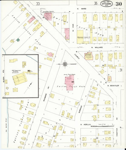 Sanborn Fire Insurance Map from Ottumwa, Wapello County, Iowa (1909), Sheet #0030 - Historic Sanborn Fire Insurance Map Print, vintage old map wall art
