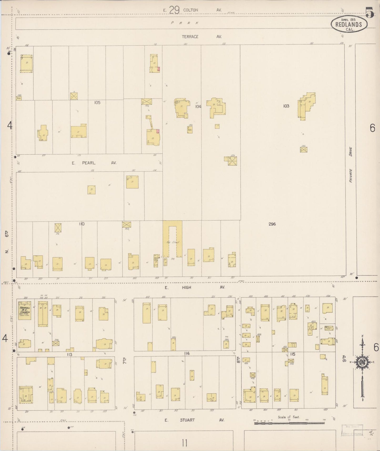 Sanborn Fire Insurance Map from Redlands, San Bernardino County, California (1915), Sheet #0005 - Complete Map Set gallery image, historic Sanborn map, vintage wall art, California California