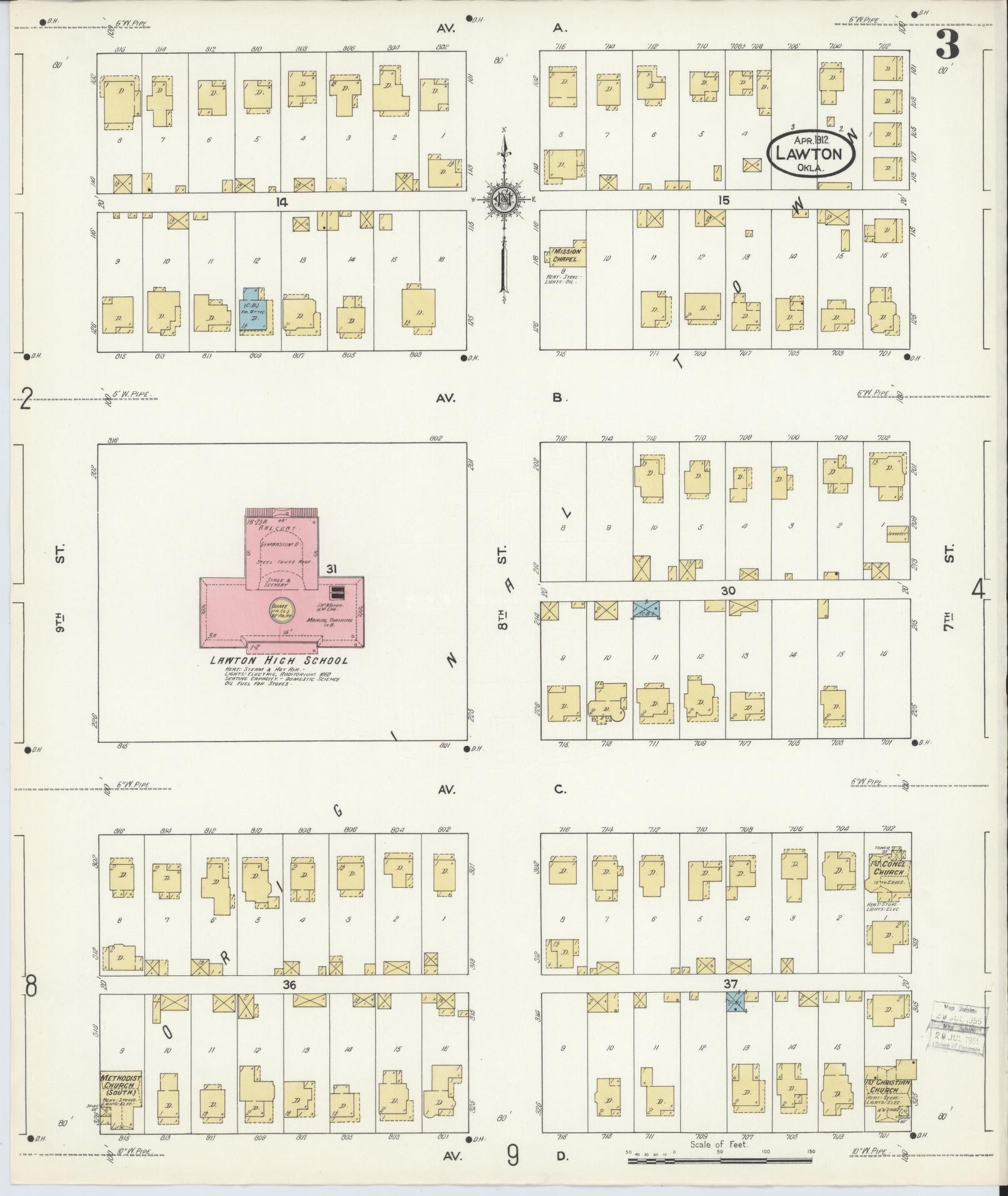Sanborn Fire Insurance Map from Lawton, Comanche County, Oklahoma (1912), Sheet #0003 - Historic Sanborn Fire Insurance Map Print, vintage old map wall art, antique decor, genealogy gift, Oklahoma Oklahoma map