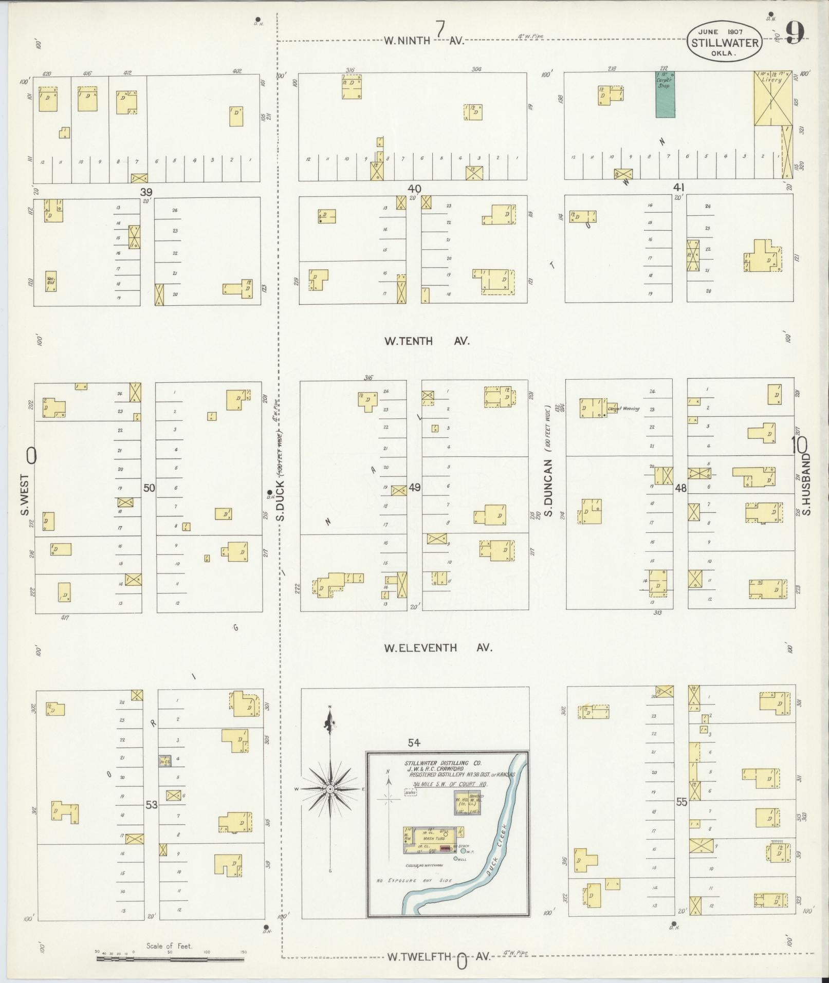 Sanborn Fire Insurance Map from Stillwater, Payne County, Oklahoma (1907), Sheet #0009 - Historic Sanborn Fire Insurance Map Print, vintage old map wall art, antique decor, genealogy gift, Oklahoma Oklahoma map