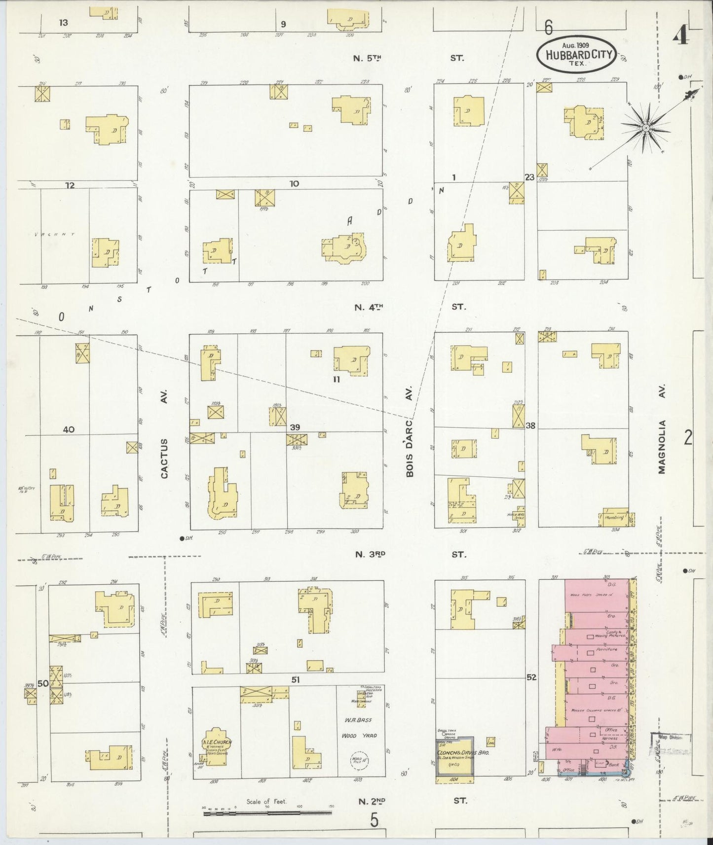 Sanborn Fire Insurance Map from Hubbard, Hill County, Texas (1909), Sheet #0004 - Historic Sanborn Fire Insurance Map Print, vintage old map wall art, antique decor, genealogy gift, Texas Texas map