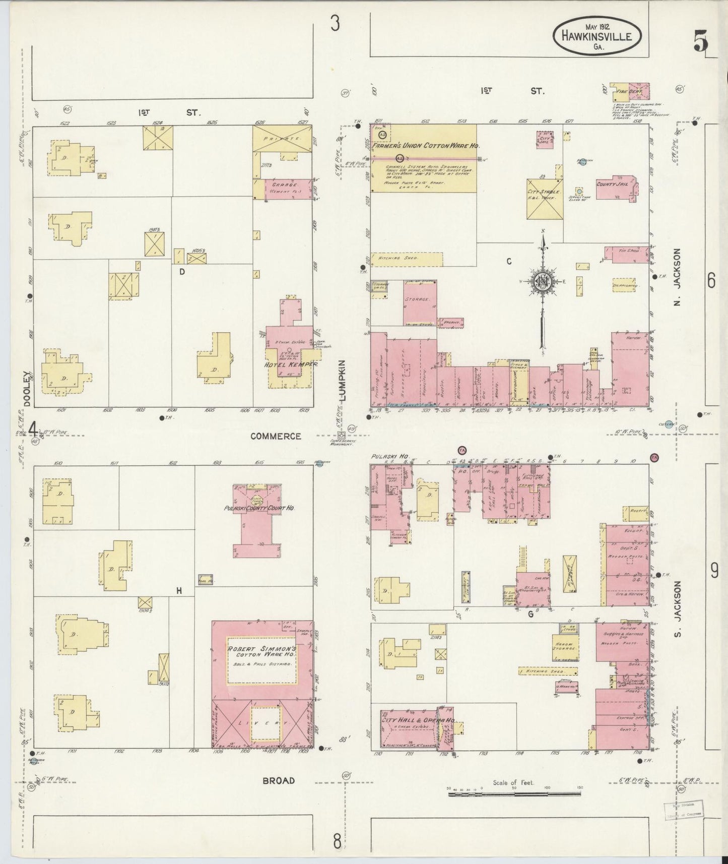 Sanborn Fire Insurance Map from Hawkinsville, Pulaski County, Georgia (1912), Sheet #0005 - Complete Map Set gallery image, historic Sanborn map, vintage wall art, Georgia Georgia