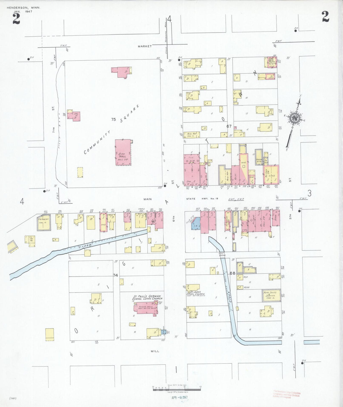 Sanborn Fire Insurance Map from Henderson, Sibley County, Minnesota (1947), Sheet #0002 - Historic Sanborn Fire Insurance Map Print, vintage old map wall art, antique decor, genealogy gift, Minnesota Minnesota map